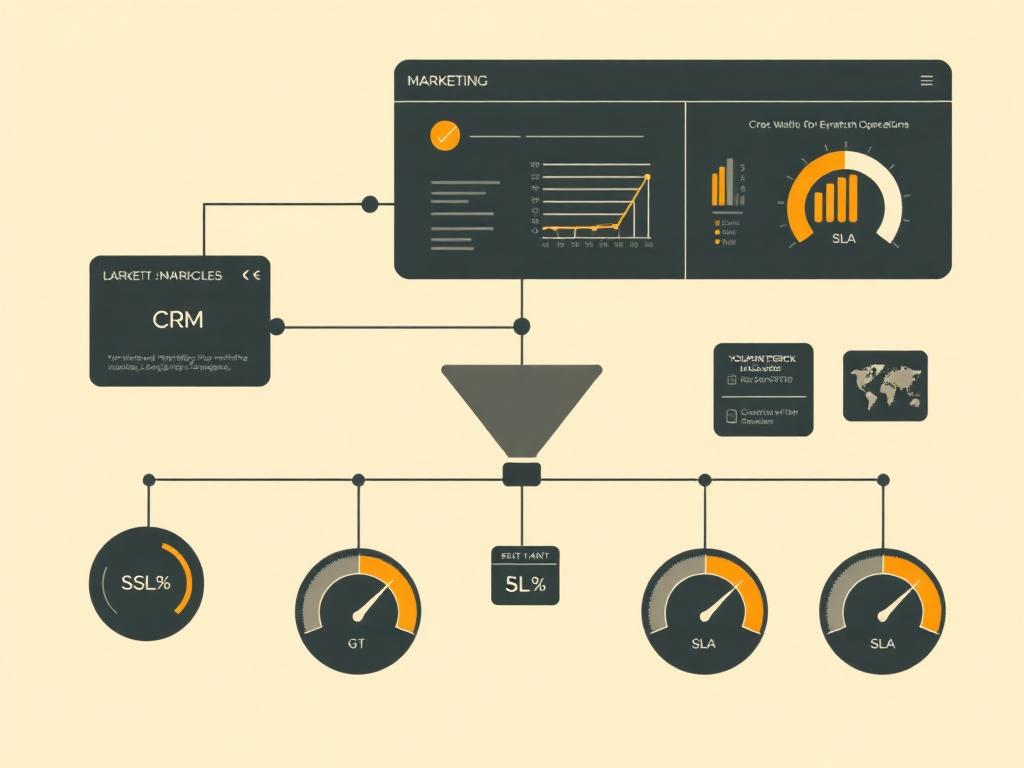 Editorial illustration of a marketing operations dashboard showing CRM pipeline flow and SLA gauges